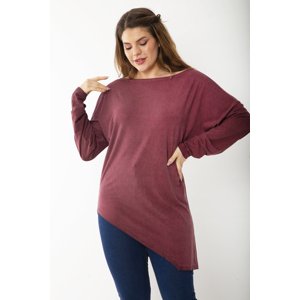 Şans Women's Plus Size Burgundy Dirty Wash Arm Cuff Detailed Hem Asymmetric Tunic