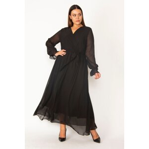 Şans Women's Plus Size Black Chiffon Fabric Lined Sleeves Gathered Waist Belted Wrap Dress
