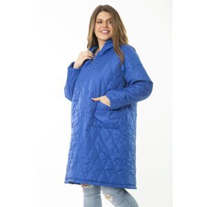 Şans Women's Plus Size Sax Front Zippered Hooded Quilted Lined Long Coat