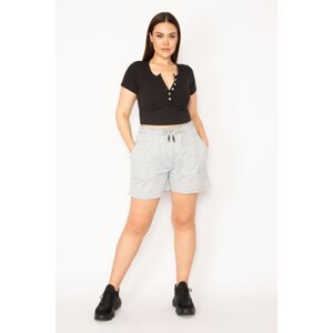 Şans Women's Large Size Gray Shorts with Elastic Waistband and Lace-up Pockets