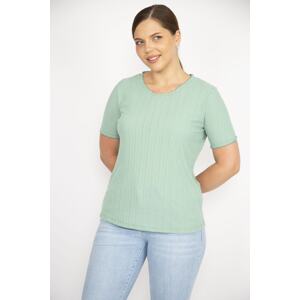 Şans Women's Green Plus Size Self-Striped Short Sleeve Blouse