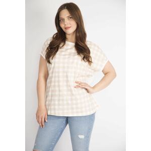 Şans Women's Mink Plus Size Front Checkered Low Sleeve Blouse