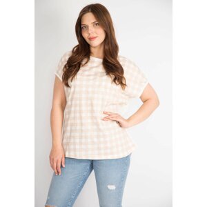 Şans Women's Mink Plus Size Front Checkered Low Sleeve Blouse