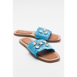 LuviShoes NORVE Bebe Blue Women's Slippers with Straw Stones.