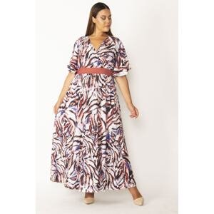 Şans Women's Plus Size Colorful, Wrapover Collar Long Dress with Ruffle Sleeves and Waist Garnish