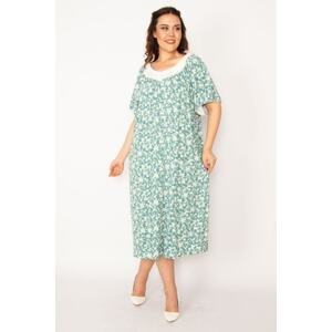 Şans Women's Plus Size Green Collar Lace Comfortable Cut Long Viscose Dress