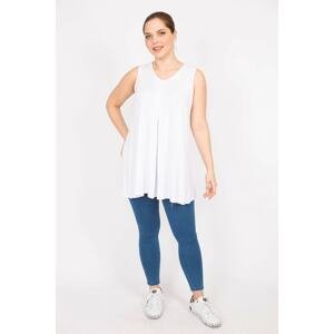 Şans Women's White Plus Size Front A Pleated V-Neck Long Blouse