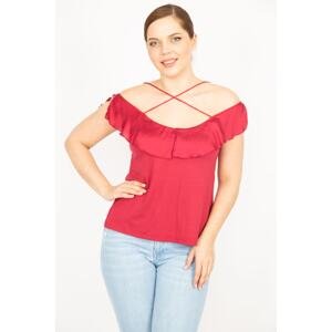 Şans Women's Burgundy Plus Size Cross-Strap Collar Flounce Blouse