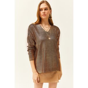 Olalook Women's Bronze V-Neck Loose Metallic Knitwear Sweater