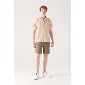 Avva Men's Khaki 100% Cotton Side Pocket Elastic Waist Linen Textured Relaxed Fit Comfortable Cut Shorts