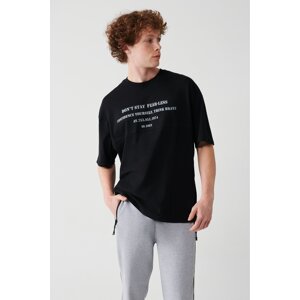 Avva Men's Black Oversize 100% Cotton Crew Neck Text Printed T-Shirt