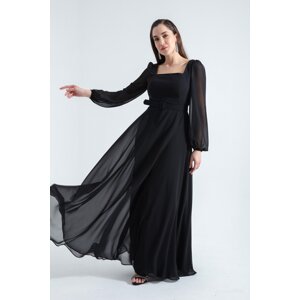 Lafaba Women's Black Square Neck Long Chiffon Evening Dress