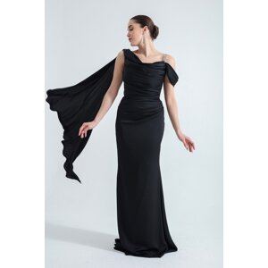 Lafaba Women's Black One-Shoulder Stone Strap Long Satin Evening Dress