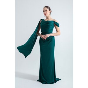 Lafaba Women's Emerald Green One-Shoulder Stone Strap Long Satin Evening Dress