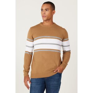 ALTINYILDIZ CLASSICS Men's Light Brown-Cream Standard Fit Regular Fit Crew Neck Striped Knitwear Sweater