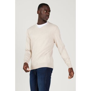 ALTINYILDIZ CLASSICS Men's Beige Melange Standard Fit Regular Fit V Neck Knitwear Sweater