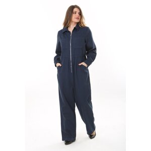 Şans Women's Plus Size Navy Blue Front Zippered 4 Pockets Back Waist Belt Elastic Denim Jumpsuit