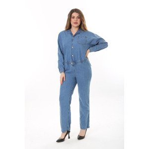 Şans Women's Plus Size Blue Front Buttoned Waist Elastic Detailed Chest And Back Pocket Denim Jumpsuit