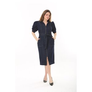 Şans Women's Plus Size Navy Blue Front Zippered Belted Jeans Dress