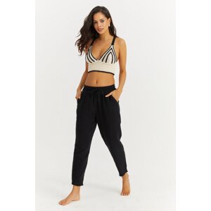 Cool & Sexy Women's Black Elastic Waist Muslin Trousers IS3873