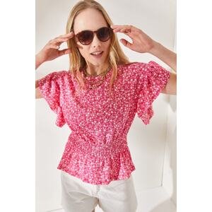 Olalook Women's Floral Pink Bat Blouse with an Elastic Waist and Frilled Sleeves