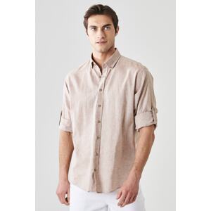 AC&Co / Altınyıldız Classics Men's Camel Comfort Fit Relaxed Cut Button Collar Casual Linen Shirt