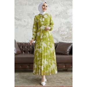 InStyle Diva Neck Belted Pleated Chiffon Dress - Oil Green