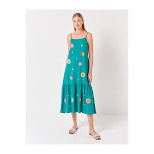 Jimmy Key Dark Green Strappy Floral Patterned Linen Midi Dress