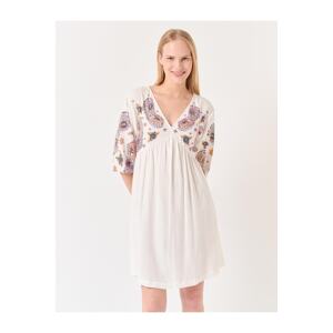 Jimmy Key Ecru Three Quarter Sleeve Ethnic Patterned Linen Dress