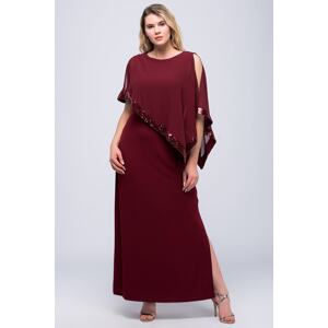 Şans Women's Plus Size Claret Red Chiffon And Sequin Detailed Evening Dress