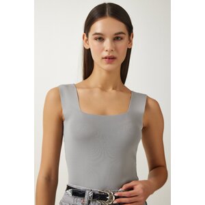 Happiness İstanbul Women's Gray Square Neck Knitwear Crop Blouse