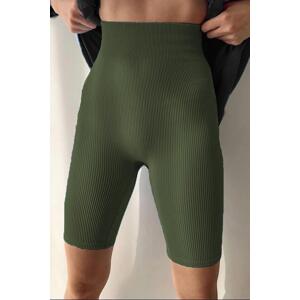 Madmext Khaki Green High Waist Women's Ribbed Biker Leggings