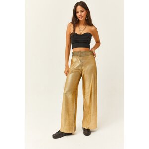 Olalook Women's Gold Metallic Palazzo Knitwear Trousers