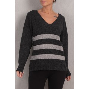 armonika Women's Anthracite Lily V-Neck Striped Knitwear Sweater