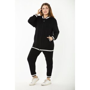 Şans Women's Plus Size Black Front Zipper Sweatshirt Trousers Double Suit