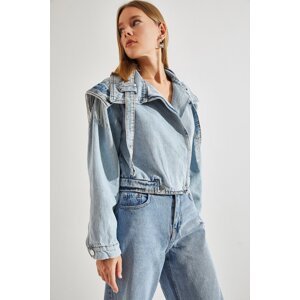 Bianco Lucci Women's Belt Collar Shoulder Detailed Denim Jacket