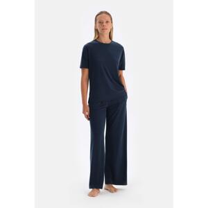 Dagi Navy Blue Pocketed Cupro Trousers