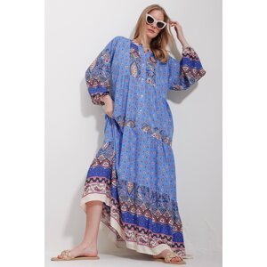 Trend Alaçatı Stili Women's Blue Big Collar Shawl Patterned Maxi Length Dress