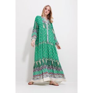 Trend Alaçatı Stili Women's Green Large Collar Shawl Patterned Maxi Length Dress