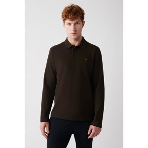 Avva Men's Brown Sweatshirt 3 Button Polo Collar 100% Cotton Basic Standard Fit Regular Fit