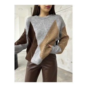 BİKELİFE Women's Diamond Pattern Oversized Sweater