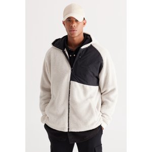 AC&Co / Altınyıldız Classics Men's Beige Oversize Wide-Fit Hooded Sherpa Fleece Sweatshirt Jacket