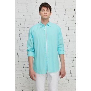 AC&Co / Altınyıldız Classics Men's Turquoise Comfort Fit Relaxed Cut Concealed Button Collar 100% Cotton Flamed Shirt