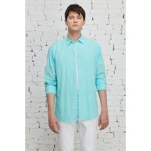 AC&Co / Altınyıldız Classics Men's Turquoise Comfort Fit Relaxed Cut Concealed Button Collar 100% Cotton Flamed Shirt