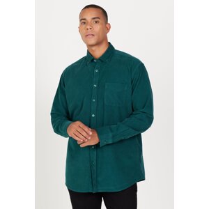 AC&Co / Altınyıldız Classics Men's Dark Green Comfort Fit Wide-Fit Buttoned Collar Velvet Shirt