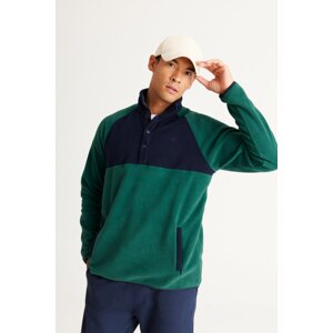 AC&Co / Altınyıldız Classics Men's Green-Navy Blue Standard Fit Normal Cut Stand-Up Bato Collar Patterned Fleece Sweatshirt