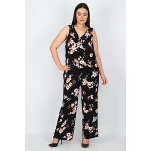 Şans Women's Plus Size Black Floral Patterned Wrap Collar Jumpsuit