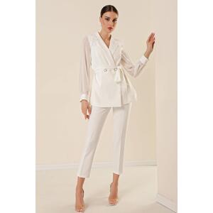 By Saygı Feather Detailed Collar Buttoned Waist Belted Lined Jacket Side Pockets Trousers 2-Pack