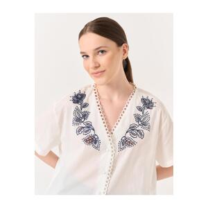 Jimmy Key White V-Neck Short Sleeve Floral Embroidered Shirt