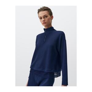 Jimmy Key Navy Blue Turtleneck Long Sleeve Mesh Detailed Sweatshirt